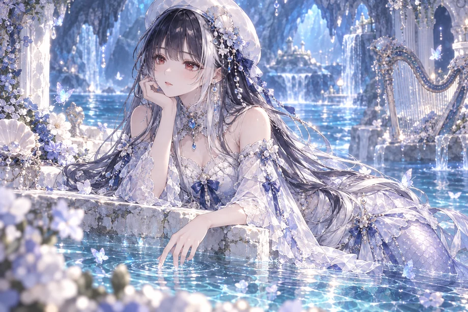紅い瞳を開き、青い洞窟の水面にそっと触れるネロハ
